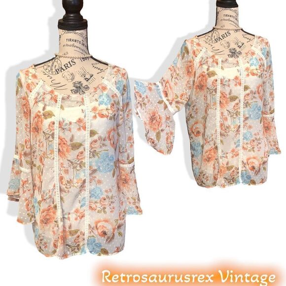 Sara Michelle Boho Floral Babydoll Bell Sleeve Peasant Blouse, Medium - Picture 1 of 6